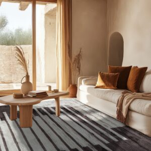 Plush dark gray and white striped rug in a sunny living room with a light sofa and wood beams.