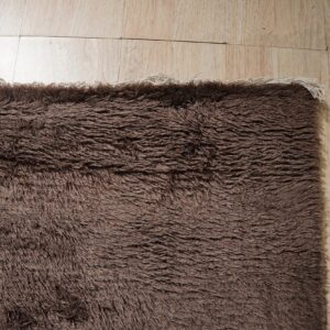 Close-up of a shaggy dark brown rug edge with cream fringe on light wood plank flooring.