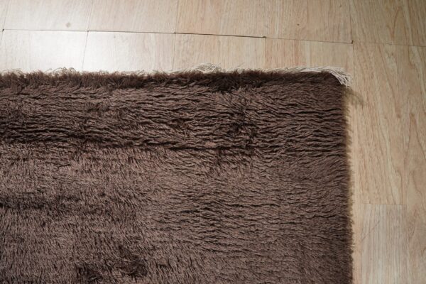 Close-up of a shaggy dark brown rug edge with cream fringe on light wood plank flooring.