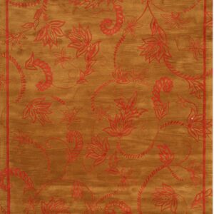 Mustard-gold rug featuring a continuous red floral and paisley vine pattern with a matching outline border.