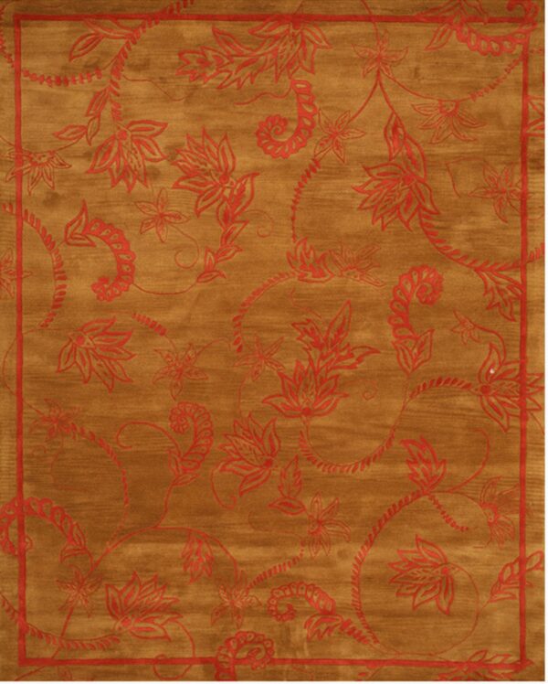 Mustard-gold rug featuring a continuous red floral and paisley vine pattern with a matching outline border.