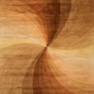 Abstract rug featuring a vortex design in shades of brown, tan, and light golden yellow.