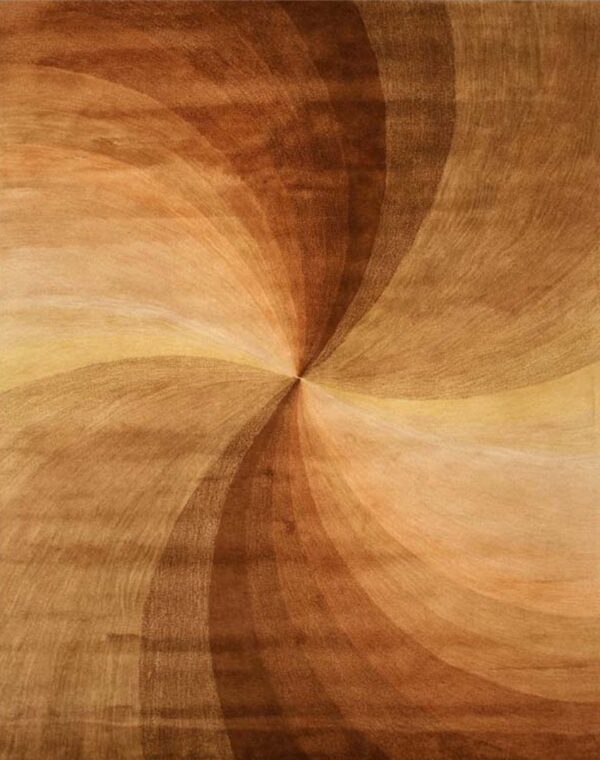 Abstract rug featuring a vortex design in shades of brown, tan, and light golden yellow.