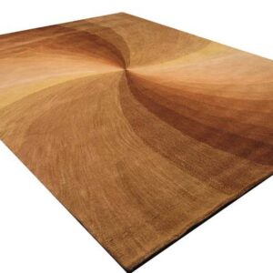 Brown and amber low-pile rug featuring a radial swirling pattern in varying tonal gradients.
