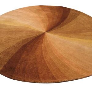 Circular rug with a sunburst design featuring alternating wedges of brown and tan colors.