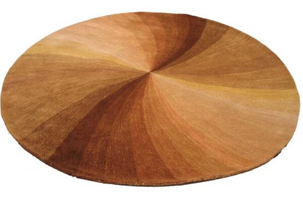 Circular rug with a sunburst design featuring alternating wedges of brown and tan colors.