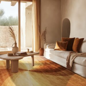 A round abstract gradient rug in amber tones sits beneath a white sofa in a sunny, rustic room.