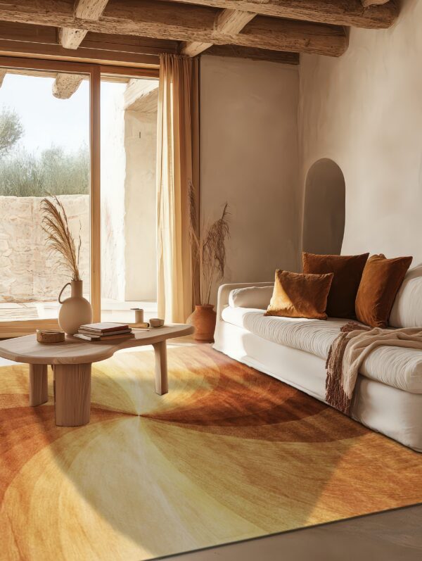 A round abstract gradient rug in amber tones sits beneath a white sofa in a sunny, rustic room.