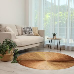 A circular rug with brown and tan radial gradient pattern sits on light flooring beside a beige sofa.