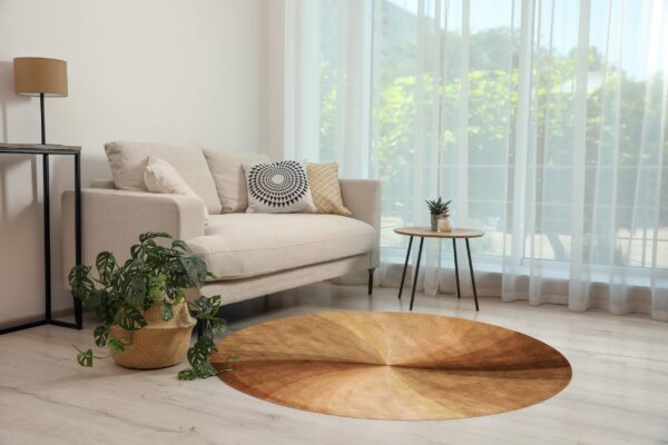 A circular rug with brown and tan radial gradient pattern sits on light flooring beside a beige sofa.