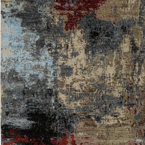 Abstract rug featuring a distressed pattern of black, gray, beige, deep red, and light blue.