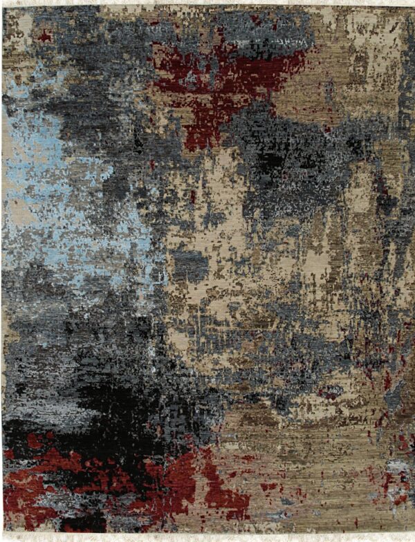 Abstract rug featuring a distressed pattern of black, gray, beige, deep red, and light blue.