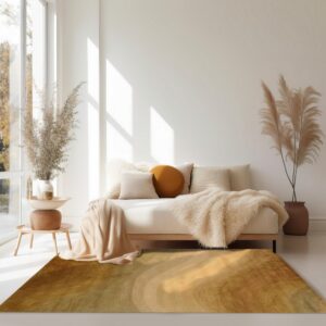 A gold and brown abstract rug with curved stripes lies under a minimalist cream daybed in a sunlit room.