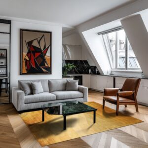 Gold rectangular rug on a wood chevron floor beneath a gray sofa and leather armchair.