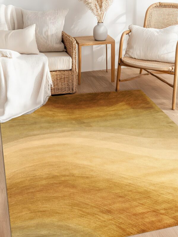 Low pile rug featuring abstract golden-brown color waves in a sunlit room with wicker chairs and wood flooring.