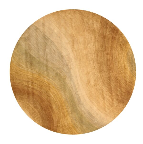 Round gold and brown rug with an abstract flowing wood grain texture on white.