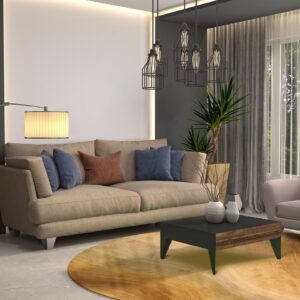 Round gold and brown textured rug under a coffee table in a modern gray and white living room.