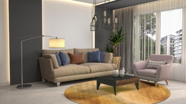 Round gold and brown textured rug under a coffee table in a modern gray and white living room.