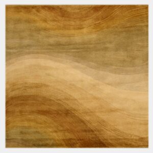 Plush abstract rug displaying undulating horizontal stripes in gold, brown, and muted green.