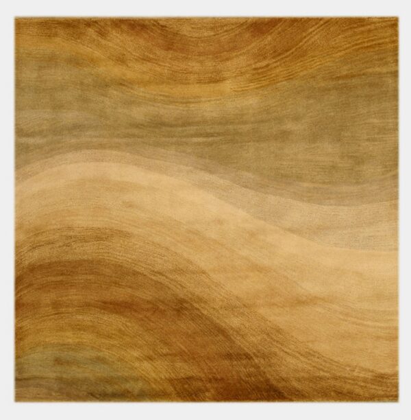 Plush abstract rug displaying undulating horizontal stripes in gold, brown, and muted green.