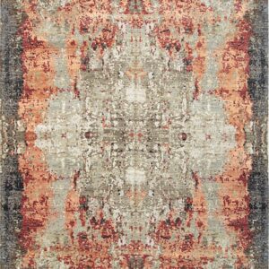 Textured abstract rug in colors of maroon, rust, light grey, and dark brown with visible fringe.