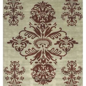 Plush light gray rug featuring a symmetrical damask pattern in rich burgundy brown.