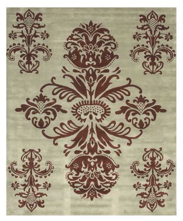 Plush light gray rug featuring a symmetrical damask pattern in rich burgundy brown.
