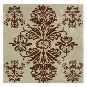 Square rug with a large symmetrical brown damask medallion on a pale taupe field.