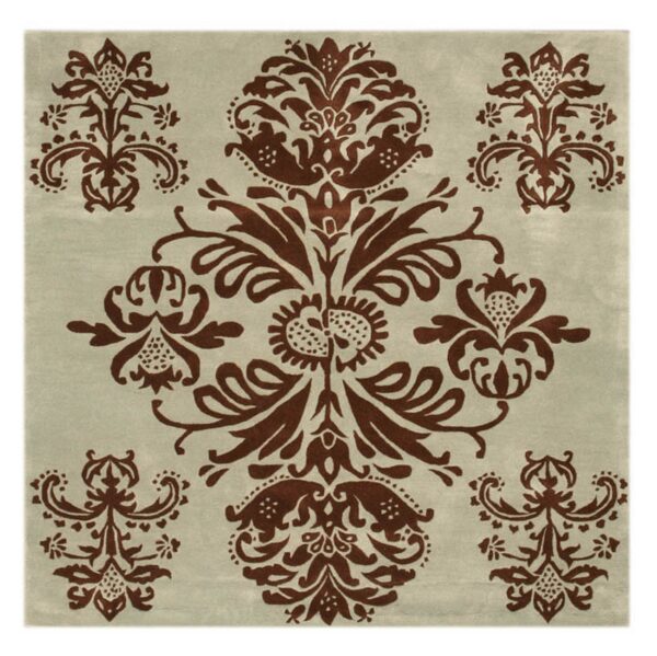 Square rug with a large symmetrical brown damask medallion on a pale taupe field.