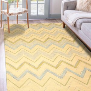 Pale yellow rug featuring sketched blue and olive zigzag lines in a bright room with wood floors.