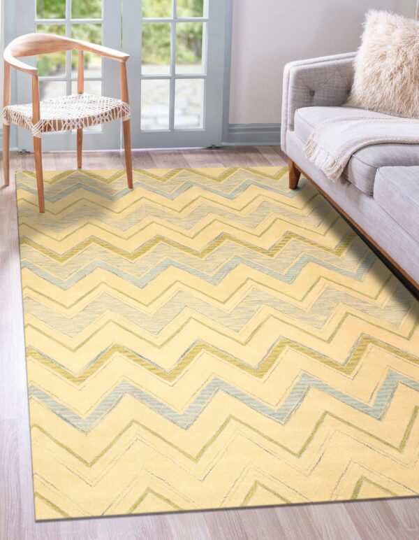 Pale yellow rug featuring sketched blue and olive zigzag lines in a bright room with wood floors.