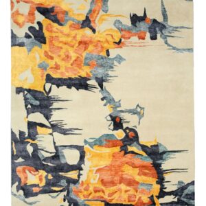 Abstract area rug in cream, yellow, orange, navy, and teal with a textured, painterly pattern.