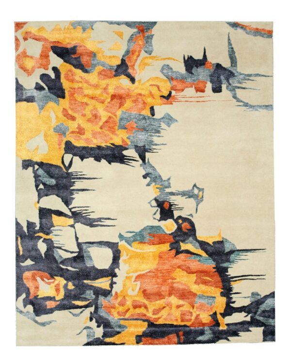 Abstract area rug in cream, yellow, orange, navy, and teal with a textured, painterly pattern.