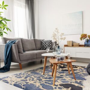 Abstract blue and cream area rug in a bright modern living room with a grey sofa and wood tables.