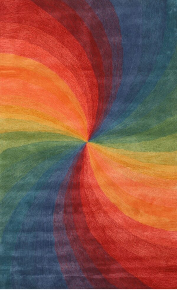 The rug displays a colorful vortex design blending red, orange, yellow, green, and blue bands.