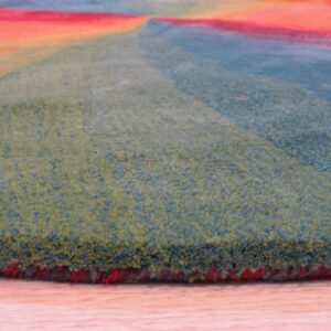 Close view of a dense, multicolored rug pile with green, blue, red, and orange radial sections.