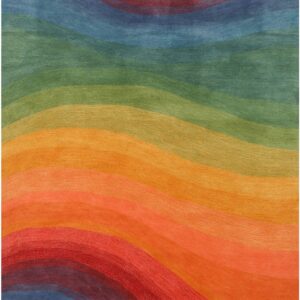Rainbow spectrum rug featuring wide, flowing, horizontal waves of color.