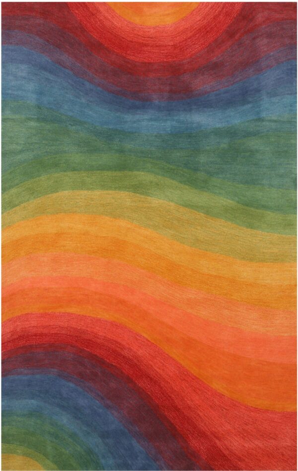 Rainbow spectrum rug featuring wide, flowing, horizontal waves of color.