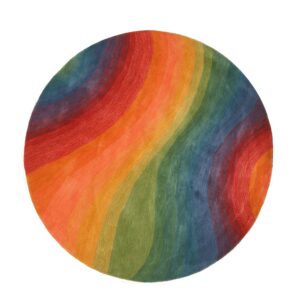 Round rug with textured surface featuring curved bands of red, orange, green, and blue colors.