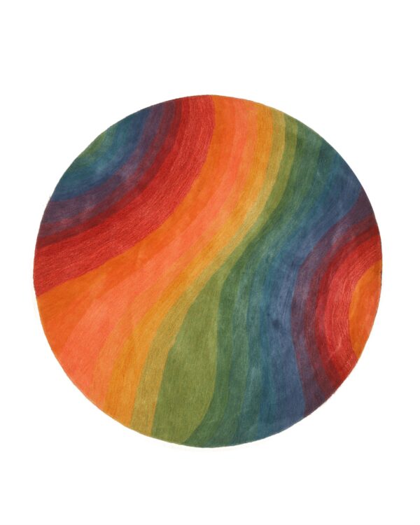 Round rug with textured surface featuring curved bands of red, orange, green, and blue colors.