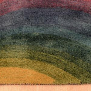 High pile rug with curved bands of red, blue, green, and gold resting on light hardwood.