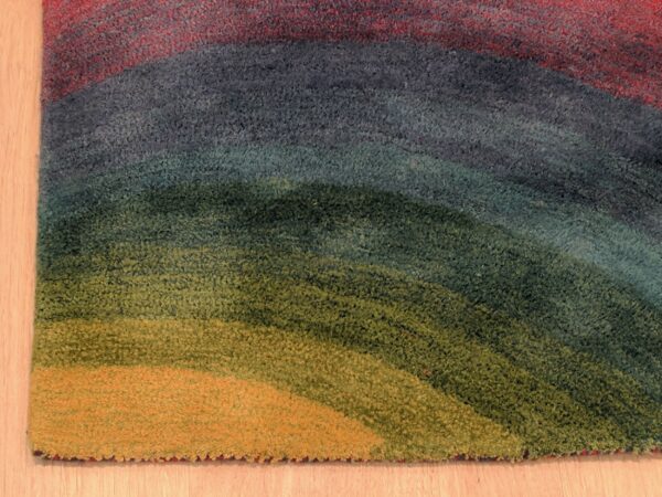 High pile rug with curved bands of red, blue, green, and gold resting on light hardwood.