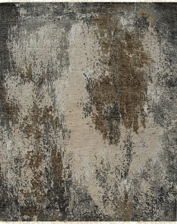 Distressed abstract rug in dark gray, olive brown, and cream with short fringe.