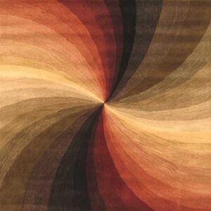 Textured rug displaying curved color bands transitioning from dark brown to bright gold and rust in a radial pattern.