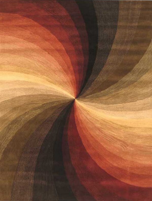Textured rug displaying curved color bands transitioning from dark brown to bright gold and rust in a radial pattern.