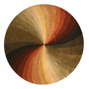 Circular rug displaying a radial spiral pattern in varying shades of brown, gold, and red.