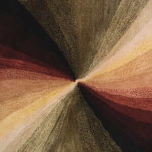 Low pile rug surface showing textured radial stripes of brown, gold, olive, and deep red.