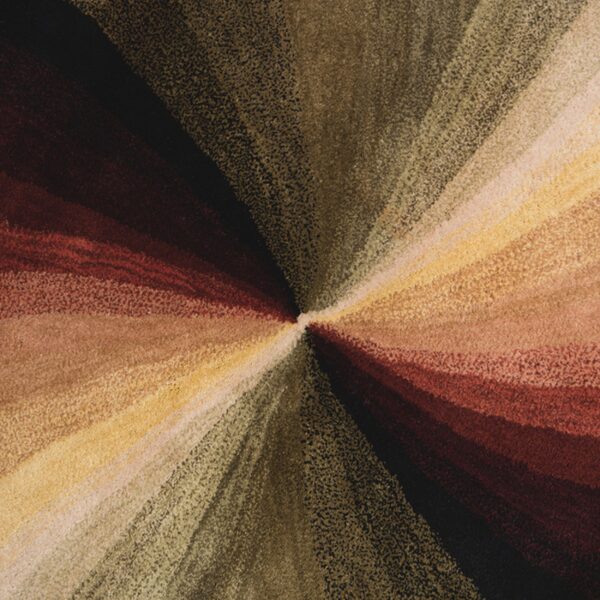 Low pile rug surface showing textured radial stripes of brown, gold, olive, and deep red.