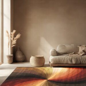 A swirling red, orange, and brown radial rug sits below a beige sofa in a minimalist room with light walls.