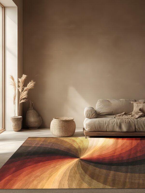 A swirling red, orange, and brown radial rug sits below a beige sofa in a minimalist room with light walls.
